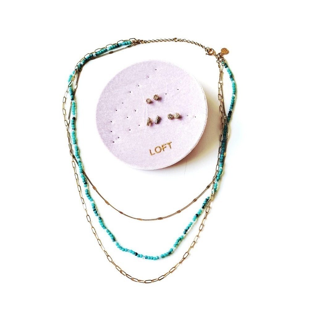 Beautiful Loft Layered Necklace Teal Gold + 3 Earring Pairs (NEW)